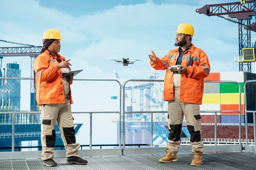 Port workers in high-visibility clothing operating a drone